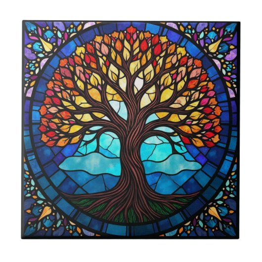 Glas in lood Tree of Life Keramische Tegel Tegeltje (Voorkant)