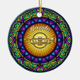 Glas in lood trompet aangepaste naam kerst keramisch ornament