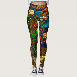 Glas-in-lood uit het verleden met pauwen en bloeme leggings