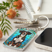 Glas in lood van een hond met gouden ketting sleutelhanger (Voorkant Rechts)