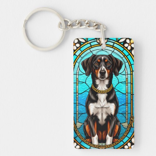 Glas in lood van een hond met gouden ketting sleutelhanger (Voorkant)