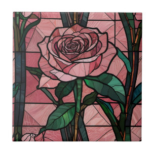 Glas in lood van een roze roos tegeltje