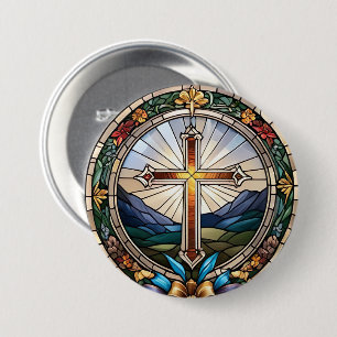 Glas in lood van het Christelijk Heilig Kruis Ronde Button 7,6 Cm