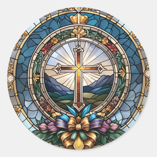 Glas in lood van het Christelijk Heilig Kruis Ronde Sticker (Voorkant)