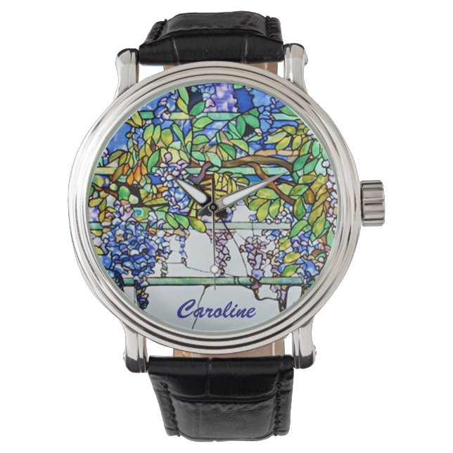  Glas in lood van Tiffany Wisteria Floral Art Horloge (Voorkant)