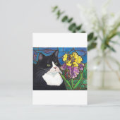 Glas in lood van Tuxedo Cat Iris Flower Butterfly Briefkaart (Staand voorkant)