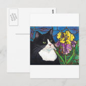Glas in lood van Tuxedo Cat Iris Flower Butterfly Briefkaart (Voorkant / Achterkant)