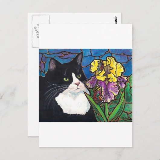 Glas in lood van Tuxedo Cat Iris Flower Butterfly Briefkaart (Voorkant / Achterkant)
