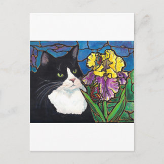 Glas in lood van Tuxedo Cat Iris Flower Butterfly Briefkaart