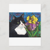 Glas in lood van Tuxedo Cat Iris Flower Butterfly Briefkaart (Voorkant)