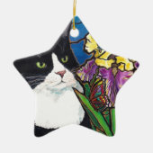 Glas in lood van Tuxedo Cat Iris Flower Butterfly Keramisch Ornament (Voorkant)