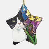Glas in lood van Tuxedo Cat Iris Flower Butterfly Keramisch Ornament (Links)