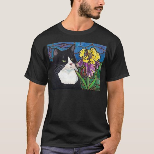 Glas in lood van Tuxedo Cat Iris Flower Butterfly T-shirt (Voorkant)