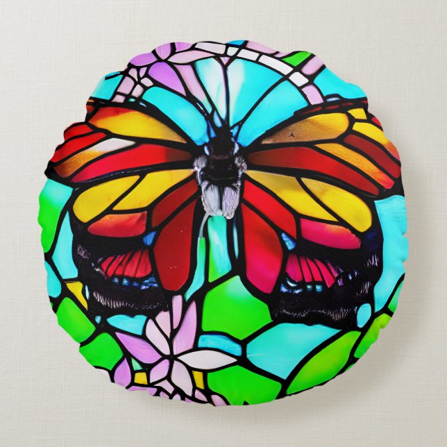 Glas-in-lood Vlinder Kunst Rond Kussen (Voorkant)