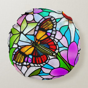 Glas-in-lood Vlinder Kunst Rond Kussen