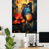 Glas in lood vlinder op een levendige bloem poster (Thuiskantoor)
