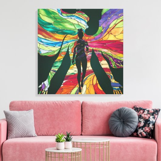 Glas in lood Vrouw In Groene Jurk Levendig Digitat Canvas Afdruk (Insitu (Woonkamer))