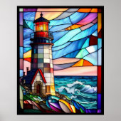 Glas in lood vuurtoren op zonsondergang poster (Voorkant)