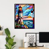 Glas in lood vuurtoren op zonsondergang poster (Thuiskantoor)