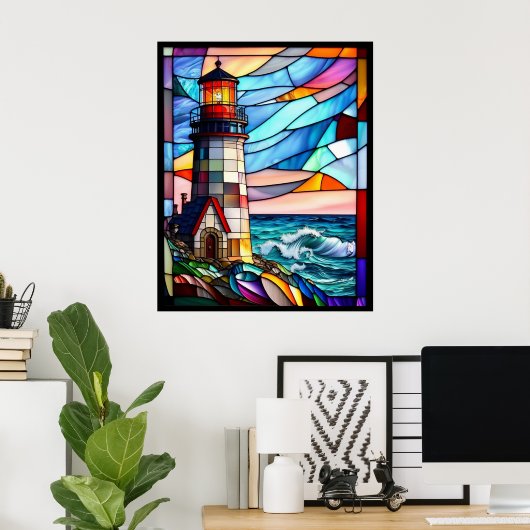 Glas in lood vuurtoren op zonsondergang poster (Thuiskantoor)