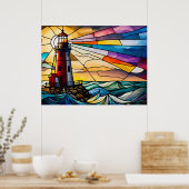 Glas in lood vuurtoren op zonsopgang poster (Keuken)