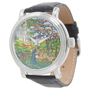 Glas in lood Waterfall Iris Birch Tiffany Horloge