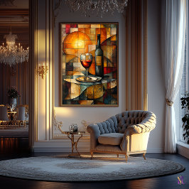 Glas-in-lood wijn stilleven met gouden gloed poster
