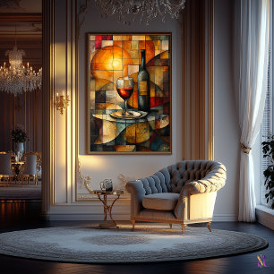 Glas-in-lood wijn stilleven met gouden gloed poster