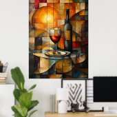 Glas in lood wijnstilleven met gouden gloed poster (Thuiskantoor)