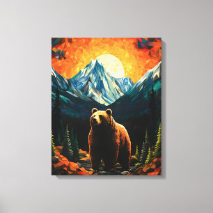 Glas-in-lood-Wildlife-Berg-Zonsondergang-Beer Canvas Afdruk