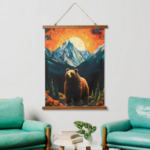 Glas-in-lood-Wildlife-Berg-Zonsondergang-Beer Hangend Wandkleed