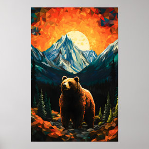Glas-in-lood-Wildlife-Berg-Zonsondergang-Beer Poster