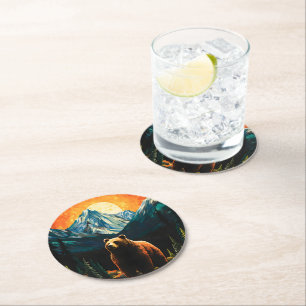 Glas-in-lood-Wildlife-Berg-Zonsondergang-Beer Ronde Kartonnen Onderzetter