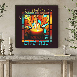 Glas in lood Window Hebreeuws Shabbat Shalom Candl Canvas Afdruk