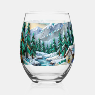 Glas-in-lood Winter Mozaïek Edelsteen Blokhut Scen Wijnglas Zonder Voet