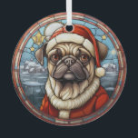 Glas in lood Winter Village Pug Dog Christmas Glas Ornament<br><div class="desc">Hier is een glazen ornament met een gebrandschilderd glasthema, met een schattige Pug dog gekleed in zijn Sinterklaas pet en jas. Achter de hond ligt een met sneeuw bedekt winterdorp met gouden sterren erboven. Dit ornament maakt een mooie kous stuffer of decoratie voor het huishouden die van een kleine Pug...</div>