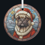 Glas in lood Winter Village Pug Dog Christmas Ornament<br><div class="desc">Hier is een glazen ornament met een gebrandschilderd glasthema, met een schattige Pug dog gekleed in zijn Sinterklaas pet en jas. Achter de hond ligt een met sneeuw bedekt winterdorp met gouden sterren erboven. Dit ornament maakt een mooie kous stuffer of decoratie voor het huishouden die van een kleine Pug...</div>