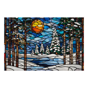 Glas in lood winterlandschap perfect poster