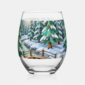 Glas-in-lood winterlandschap smaragdgroene dennenb wijnglas zonder voet
