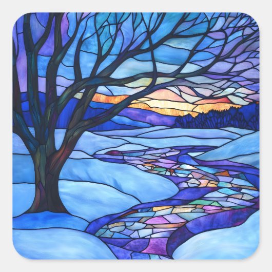 Glas in lood winterlandschap vierkante sticker (Voorkant)