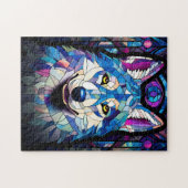 Glas in lood Wit, Blauw en Paarse Wolf Puzzel. Legpuzzel (Horizontaal)