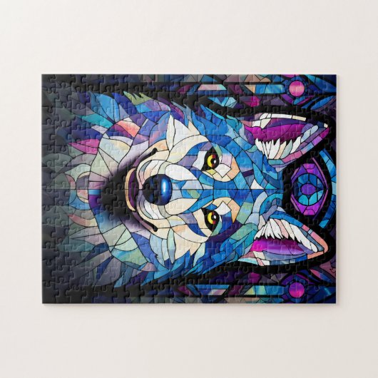 Glas in lood Wit, Blauw en Paarse Wolf Puzzel. Legpuzzel (Horizontaal)