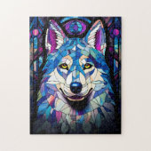 Glas in lood Wit, Blauw en Paarse Wolf Puzzel. Legpuzzel (Verticaal)