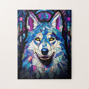 Glas in lood Wit, Blauw en Paarse Wolf Puzzel. Legpuzzel
