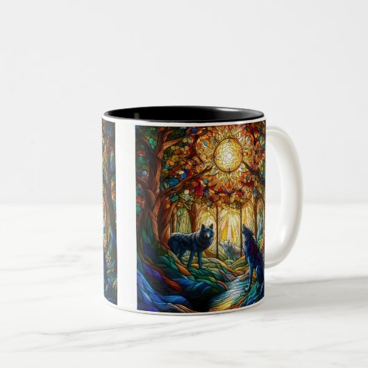 Glas in lood Wolven in Bos Tweekleurige Koffiemok (Voorkant rechts)