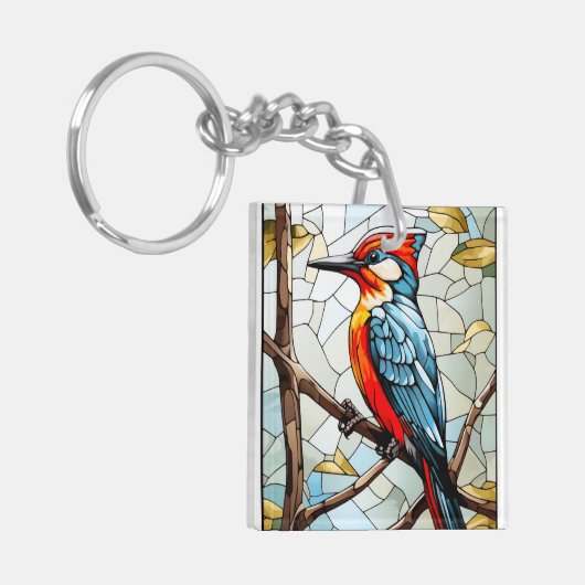 Glas in lood Woodpecker Bird Sleutelhanger (Voorkant Links)
