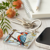 Glas in lood Woodpecker Bird Sleutelhanger (Voorkant Rechts)