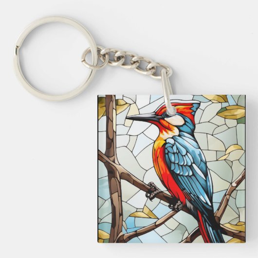 Glas in lood Woodpecker Bird Sleutelhanger (Voorkant)