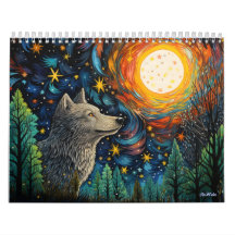 Glas in lood Woud Wolf met maan kalender 2024