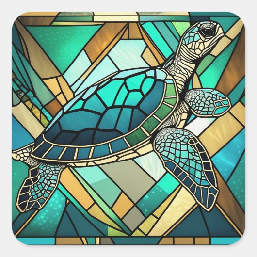 Glas in lood Zee schildpad illustratie Vierkante Sticker (Voorkant)